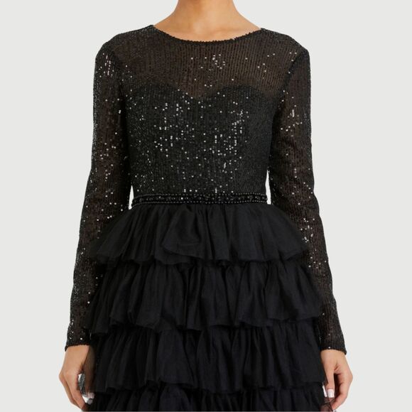 Mac Duggal 26299 Size 14 Black Long Sleeve Ruffled Tulle Tiered Midi Party Dress - Picture 4 of 6